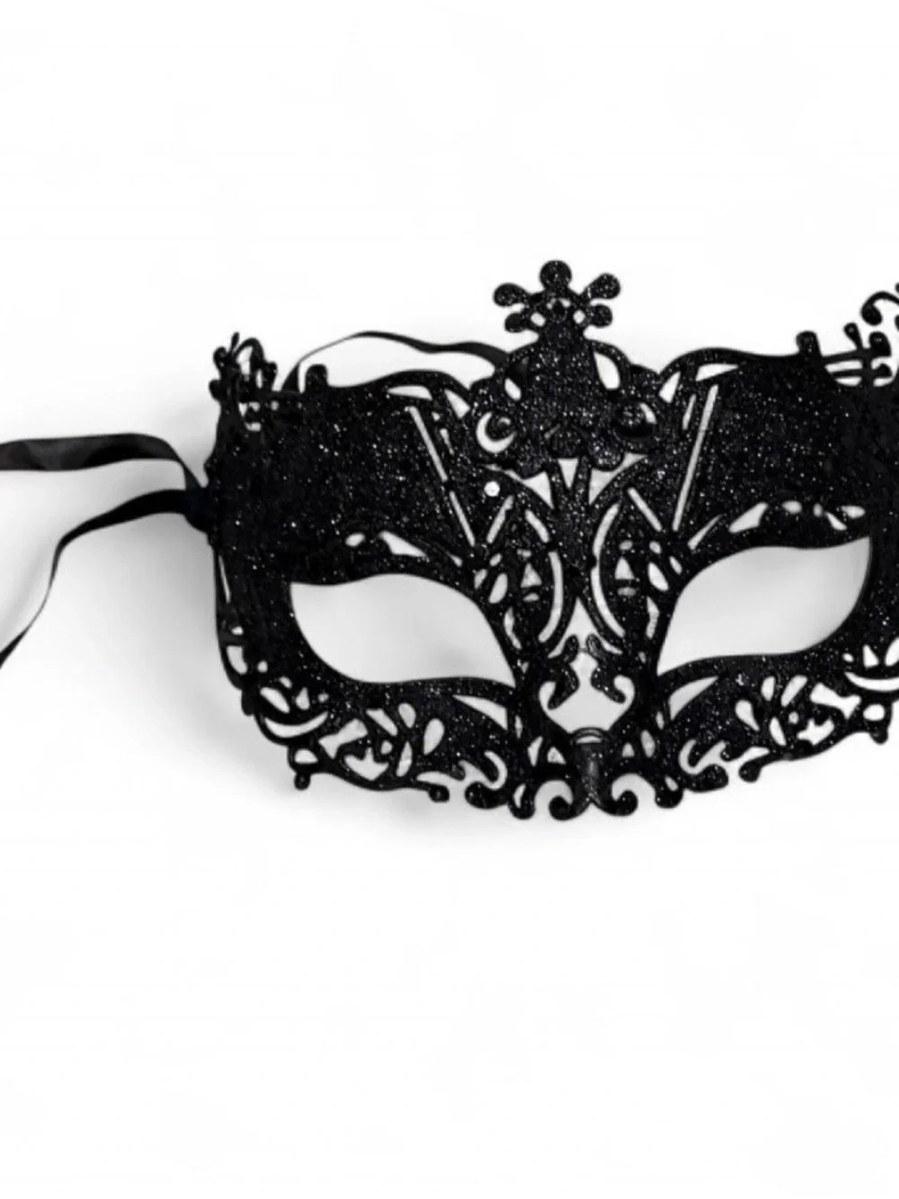 Black Glitter Masquerade Mask with Ornate Filigree Damask Die Cut Design